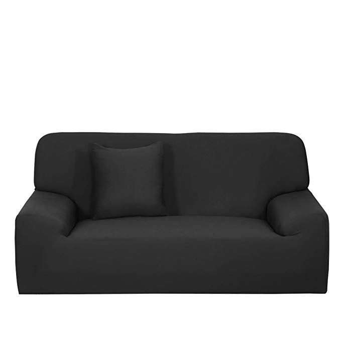 uxcell Stretch Sofa Cover Loveseat Couch Slipcover, Machine Washable, Stylish Furniture Protector with One Cushion Case (3 Seater, Black)