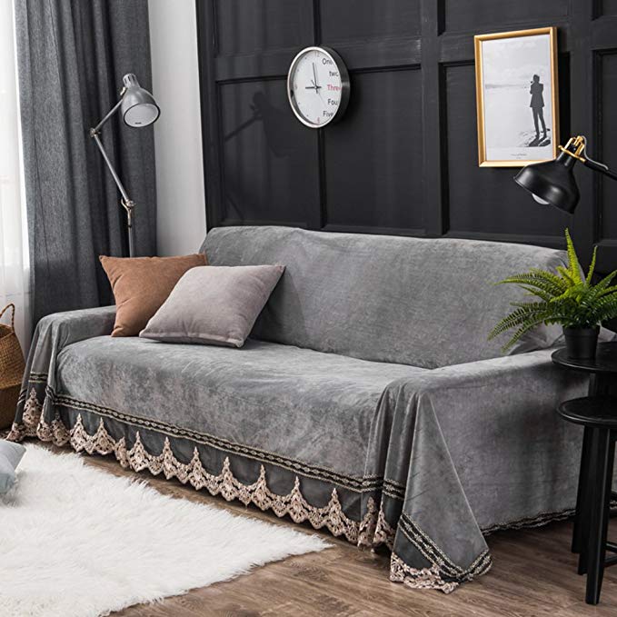 Plush Sofa Slipcover,1-Piece Vintage Lace Suede Couch Cover Anti-slip Furniture Protector for 1 2 3 4 Cushions Sofa-grey 200x350cm(79x138inch)