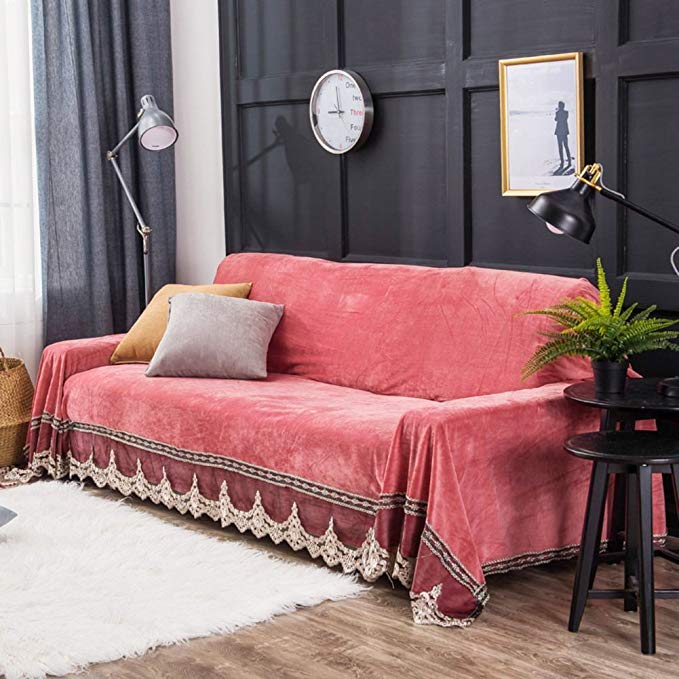 Plush Sofa Slipcover,1-Piece Vintage Lace Suede Couch Cover Anti-slip Furniture Protector for 1 2 3 4 Cushions Sofa-Coral red 200x350cm(79x138inch)