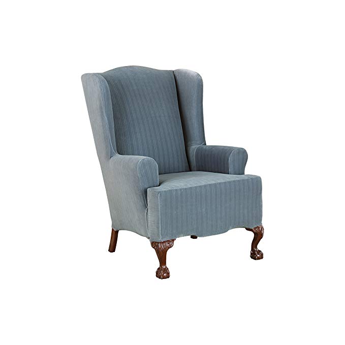 Sure Fit Stretch Pinstripe - Wing Chair Slipcover - French Blue (SF35823)