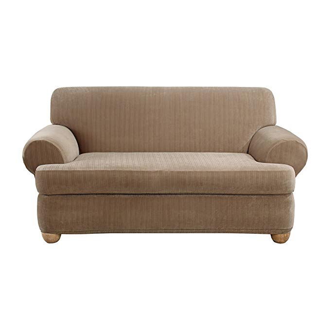 Sure Fit Stretch Pinstripe 2-Piece - Loveseat Slipcover - Taupe (SF35824)