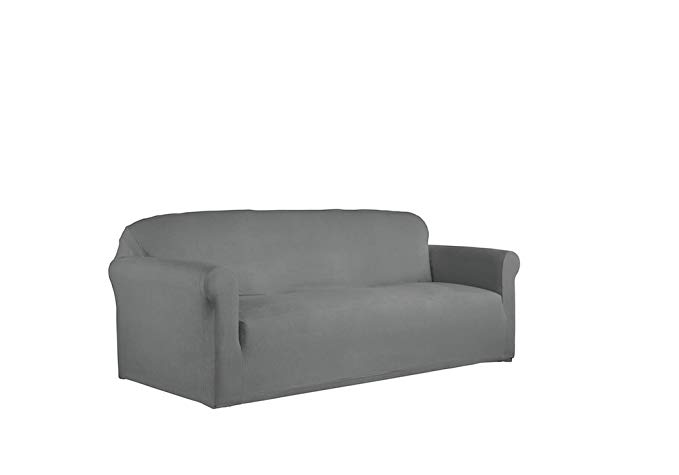 Serta 1 Piece Reversible Stretch Suede Box Sofa Slipcover, Steel Gray Herringbone/Gray Solid