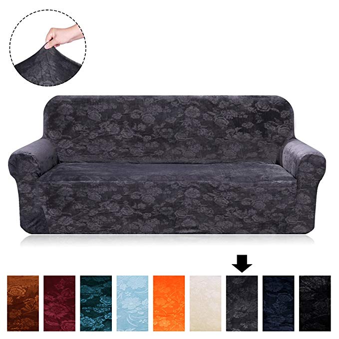 Velvet Plush Stretch Sofa Covers - Fit Stretch Stylish Furniture Protector Sofa Slipcovers for Loveseat, 1 Piece Spandex Embossing Flower Pattern Couch Cover (Loveseat, Charcoal Grey)