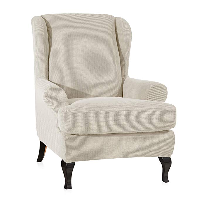 CHUN YI 2-Piece Stretch Jacquard Polyester Spandex Fabric Wing Chair Covers (Ivory White, Wing Chair)