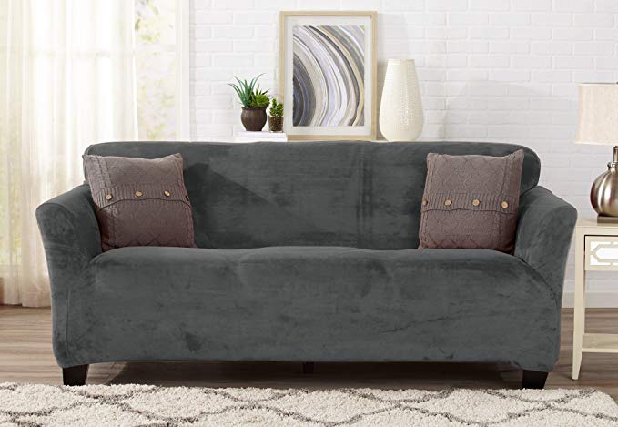 Great Bay Home Modern Velvet Plush Strapless Slipcover. Form Fit Stretch, Stylish Furniture Cover/Protector. Gale Collection by Brand. (Sofa, Wild Dove Grey)
