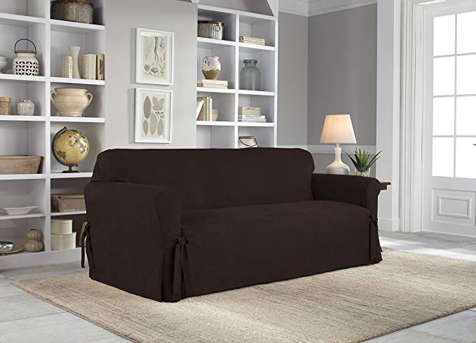 Serta Relaxed Fit Smooth Suede Furniture Slipcover for Sofa, Chocolate