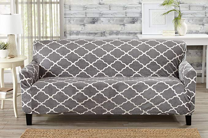 Great Bay Home Modern Velvet Plush Strapless Slipcover. Form Fit Stretch, Stylish Furniture Shield/Protector. Magnolia Collection Strapless Slipcover by Brand. (Sofa, Grey)